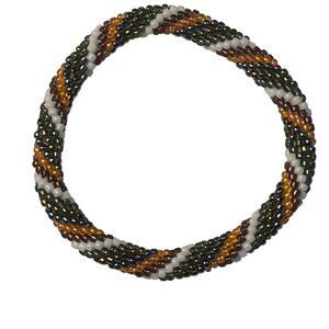 Sashka Bracelet Handmade Boho Chic Crochet Beaded Roll-On Brown Orange White 3"